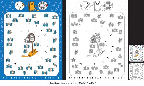 Preschool worksheet for practicing fine motor skills and recognising numbers and letters - connect the dots by number - circle all butterflies with letter D
