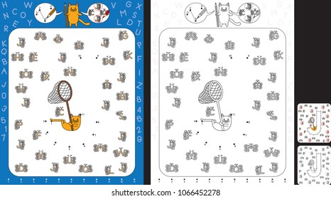 Preschool worksheet for practicing fine motor skills and recognising numbers and letters - connect the dots by number - circle all butterflies with letter J