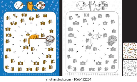 Preschool worksheet for practicing fine motor skills and recognising numbers and letters - connect the dots by number - circle all butterflies with letter G