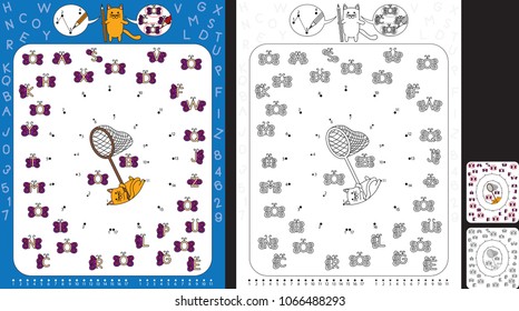 Preschool worksheet for practicing fine motor skills and recognising numbers and letters - connect the dots by number - circle all butterflies with letter O