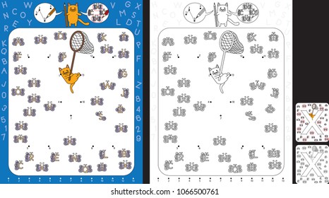 Preschool worksheet for practicing fine motor skills and recognising numbers and letters - connect the dots by number - circle all butterflies with letter X