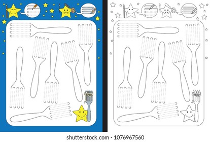Preschool worksheet for practicing fine motor skills - tracing dashed lines of forks