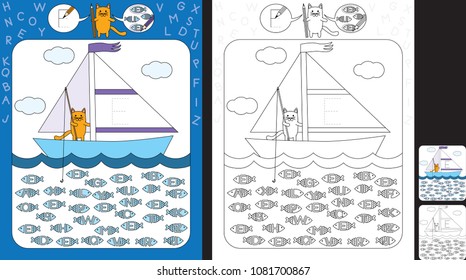 Preschool worksheet for practicing fine motor skills and recognizing letters - trace the letter on the sail - circle all fishes with letter F