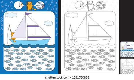 Preschool worksheet for practicing fine motor skills and recognizing letters - trace the letter on the sail - circle all fishes with letter J