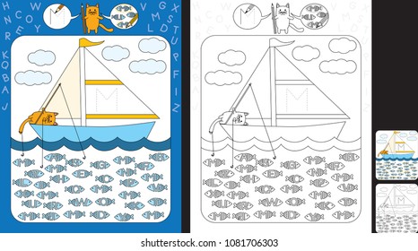 Preschool worksheet for practicing fine motor skills   recognizing letters    trace the letter the sail    circle all fishes and letter M