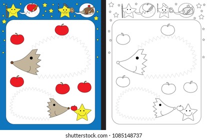 Preschool worksheet for practicing fine motor skills - tracing dashed lines of hedgehog spikes