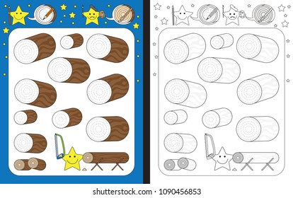 Preschool worksheet for practicing fine motor skills - tracing dashed lines of logs