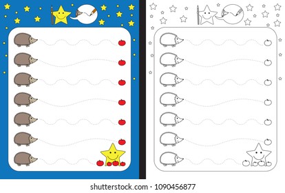 Preschool worksheet for practicing fine motor skills - tracing dashed lines from hedgehogs to apples