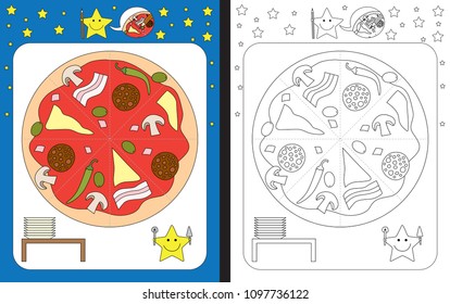 Preschool worksheet for practicing fine motor skills - tracing dashed lines - cut pizza in peaces