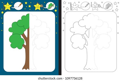 Preschool worksheet for practicing fine motor skills - tracing dashed lines - finish the illustration of a tree