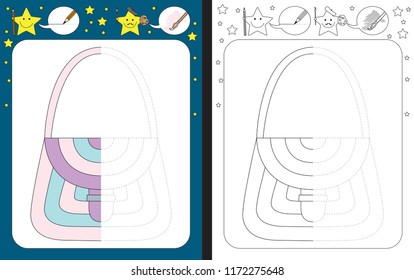 Hoja de cálculo preescolar para la práctica de buenas habilidades motoras - trazar líneas discontinuas - terminar la ilustración de un bolso