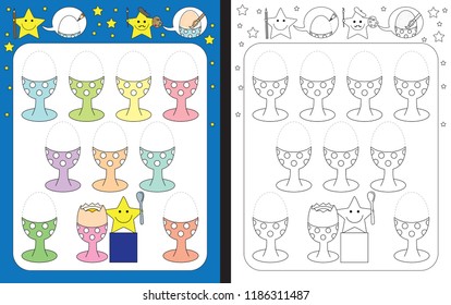Preschool worksheet for practicing fine motor skills - tracing dashed lines of soft boiled eggs