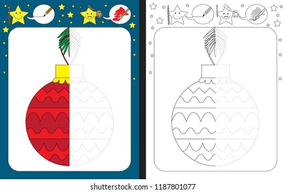 Preschool worksheet for practicing fine motor skills - tracing dashed lines - finish the illustration of a Christmas ornament