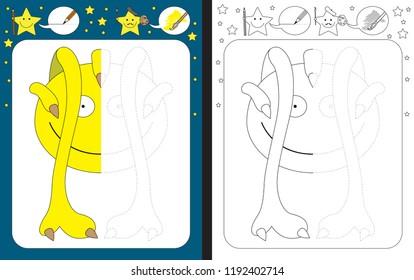 Preschool worksheet for practicing fine motor skills - tracing dashed lines - finish the illustration of yellow little monster