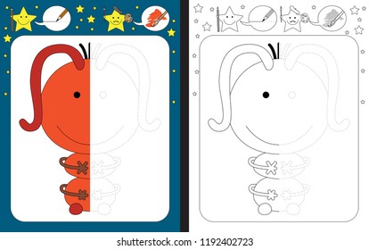 Preschool worksheet for practicing fine motor skills - tracing dashed lines - finish the illustration of orange little monster