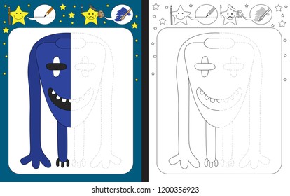 Preschool worksheet for practicing fine motor skills - tracing dashed lines - finish the illustration of blue little monster