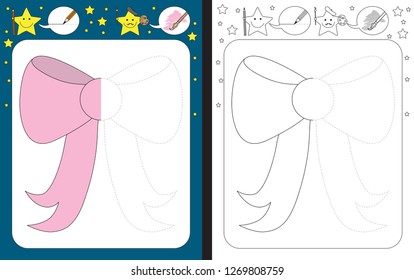 Preschool worksheet for practicing fine motor skills - tracing dashed lines - finish the illustration of a bow