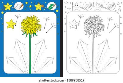 Preschool worksheet for practicing fine motor skills - tracing dashed lines of dandelion leaves