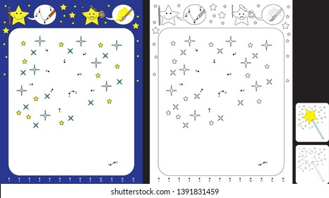 Preschool worksheet for practicing fine motor skills and recognising numbers - connecting dots by numbers and drawing magic wand