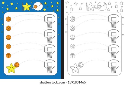 Preschool worksheet for practicing fine motor skills - tracing dashed lines from balls to hoops