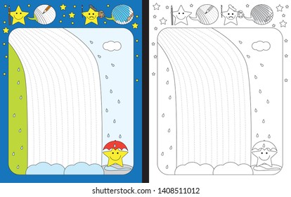 Preschool worksheet for practicing fine motor skills - tracing dashed lines of waterfall