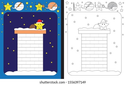 Preschool worksheet for practicing fine motor skills - tracing dashed lines of bricks on a chimney