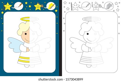 Preschool worksheet for practicing fine motor skills - tracing dashed lines - finish the illustration of a little angel