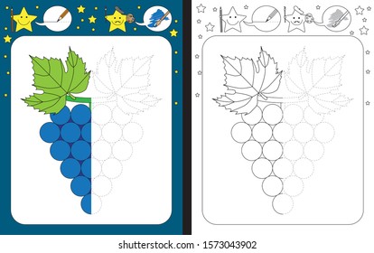 Preschool worksheet for practicing fine motor skills - tracing dashed lines - finish the illustration of a grape