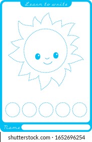 Preschool worksheet for practicing fine motor skills - tracing dashed lines. Smiling sun. Illustration and vector outline - A4 paper ready to print.