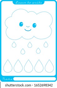 Preschool worksheet for practicing fine motor skills - tracing dashed lines. Rain cloud. Illustration and vector outline - A4 paper ready to print.
