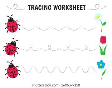 Preschool worksheet for practicing fine motor skills - tracing dashed lines. Tracing Worksheet. Ladybugs and flowers. Vector illustration