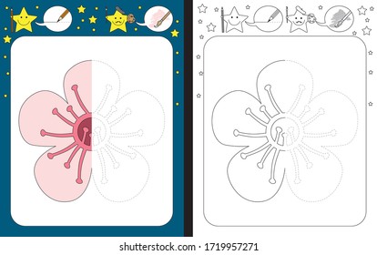 Preschool worksheet for practicing fine motor skills - tracing dashed lines - finish the illustration of a cherry flower