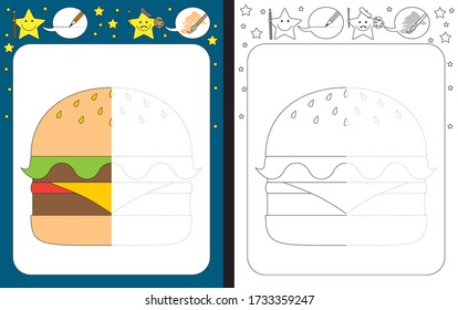 Preschool worksheet for practicing fine motor skills - tracing dashed lines - finish the illustration of a hamburger
