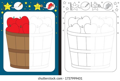 Preschool worksheet for practicing fine motor skills - tracing dashed lines - finish the illustration of apples in a wooden bucket