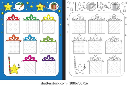 Preschool worksheet for practicing fine motor skills - tracing dashed lines on presents - finish wrapping papers design