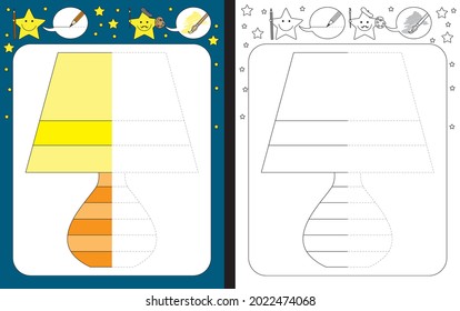 Hoja de trabajo preescolar para la práctica de buenas habilidades motoras - traza de líneas discontinuas - terminar la ilustración de una lámpara