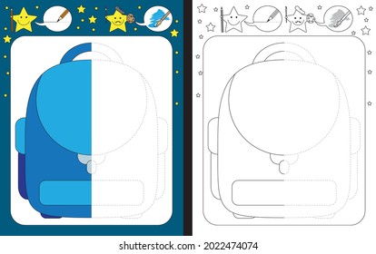 Preschool worksheet for practicing fine motor skills - tracing dashed lines - finish the illustration of a school bag