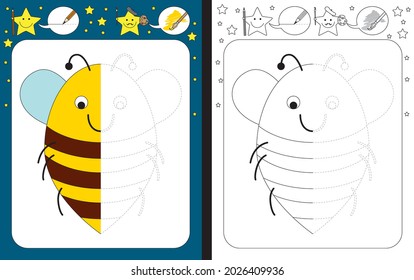 Preschool worksheet for practicing fine motor skills - tracing dashed lines - finish the illustration of a bee