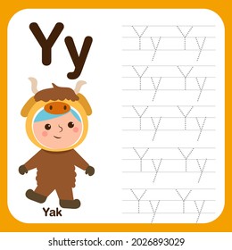 Hoja de trabajo de preescolar para practicar la habilidad motriz fina con letras mayúsculas y caligráficas, Libro de seguimiento de alfabetos con ejemplo y dibujos animados divertidos. Ilustración de vectores para niños