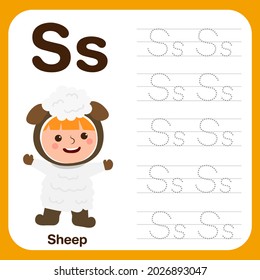 Preschool worksheet for practicing fine motor skill with uppercase and calligraphy Letter,  Alphabet Tracing Book with Example and Funny Cartoon. Vector Illustration for Children