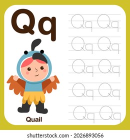 Hoja de trabajo de preescolar para practicar la habilidad motriz fina con letras mayúsculas y caligráficas, Libro de seguimiento de alfabetos con ejemplo y dibujos animados divertidos. Ilustración de vectores para niños
