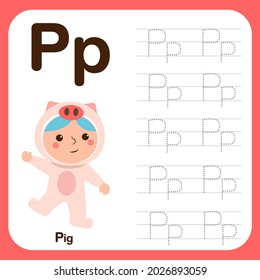 Hoja de trabajo de preescolar para practicar la habilidad motriz fina con letras mayúsculas y caligráficas, Libro de seguimiento de alfabetos con ejemplo y dibujos animados divertidos. Ilustración de vectores para niños