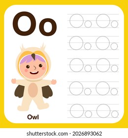 Preschool worksheet for practicing fine motor skill with uppercase and calligraphy Letter,  Alphabet Tracing Book with Example and Funny Cartoon. Vector Illustration for Children