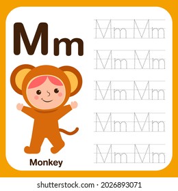 Hoja de trabajo de preescolar para practicar la habilidad motriz fina con letras mayúsculas y caligráficas, Libro de seguimiento de alfabetos con ejemplo y dibujos animados divertidos. Ilustración de vectores para niños