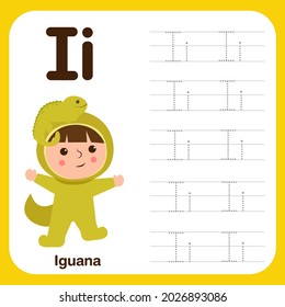 Hoja de trabajo de preescolar para practicar la habilidad motriz fina con letras mayúsculas y caligráficas, Libro de seguimiento de alfabetos con ejemplo y dibujos animados divertidos. Ilustración de vectores para niños