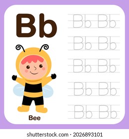 Hoja de trabajo de preescolar para practicar la habilidad motriz fina con letras mayúsculas y caligráficas, Libro de seguimiento de alfabetos con ejemplo y dibujos animados divertidos. Ilustración de vectores para niños