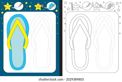 Preschool worksheet for practicing fine motor skills - tracing dashed lines - finish the illustration of flip flops