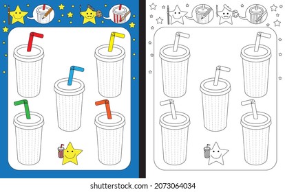 Hoja de trabajo preescolar para la práctica de buenas habilidades motoras - rastrear líneas discontinuas de tazas de refresco