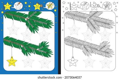 Preschool worksheet for practicing fine motor skills - tracing dashed lines of Christmas tree ornaments