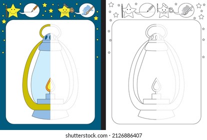 Preschool worksheet for practicing fine motor skills - tracing dashed lines - finish the illustration of a lantern